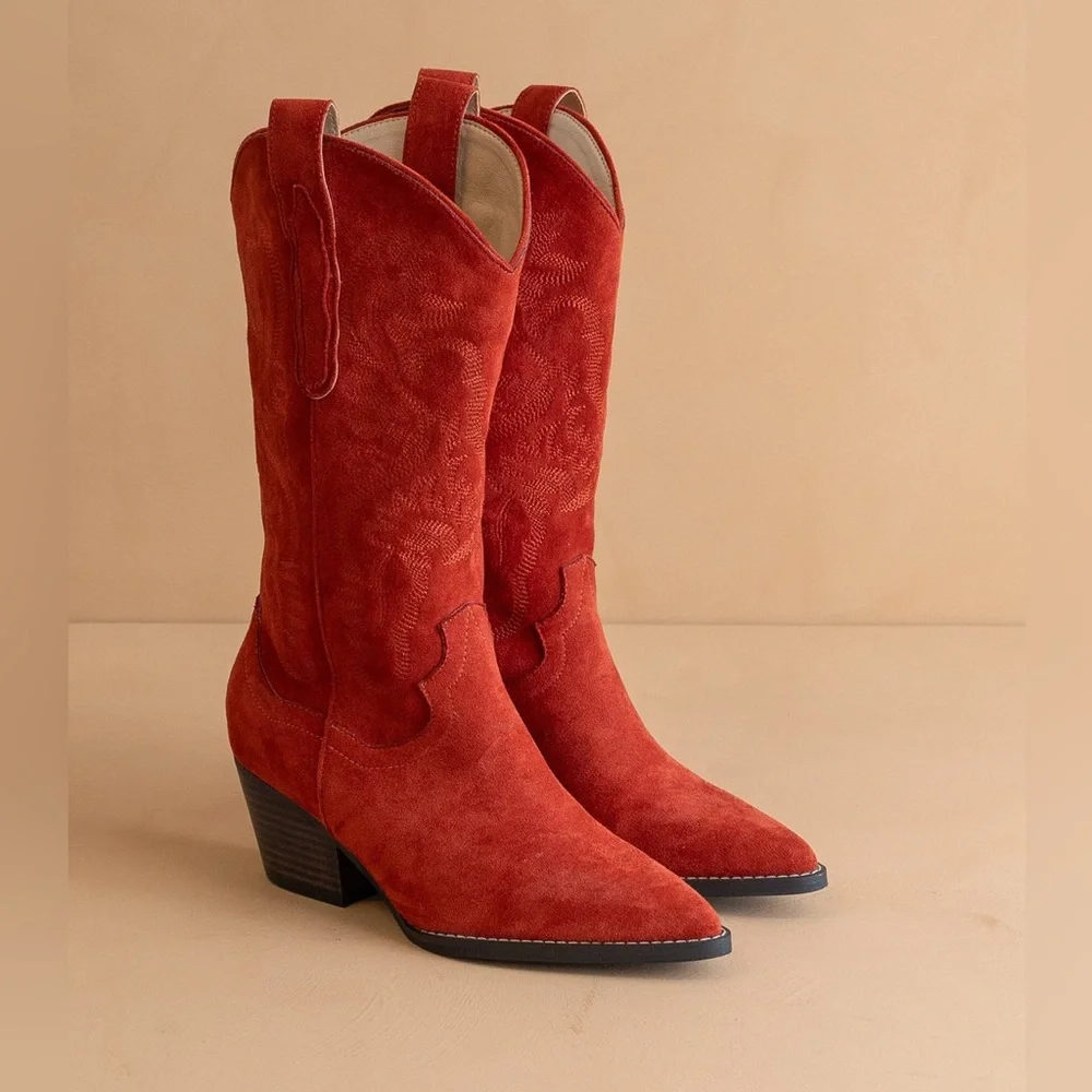 Mid-Calf Embroidered Suede Western Boots - Oasis Society - Picture 2 of 5